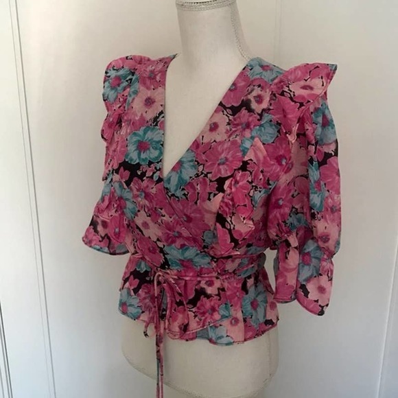 WAYF Colorful Floral Print Wrap Blouse Puff Sleeve - Picture 2 of 10